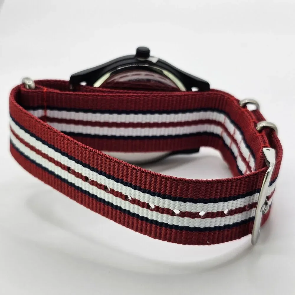 Men's Military Watch 42MM Large Case Black Dial Red Blue White Canvas Band Strap